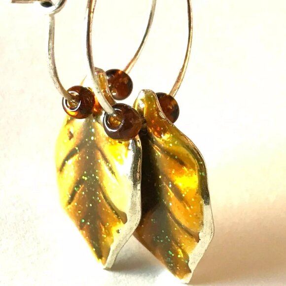 Gold Leaf Earrings Fall Thanksgiving Autumn Tree Leaves Halloween Harvest Plated - Picture 3 of 10